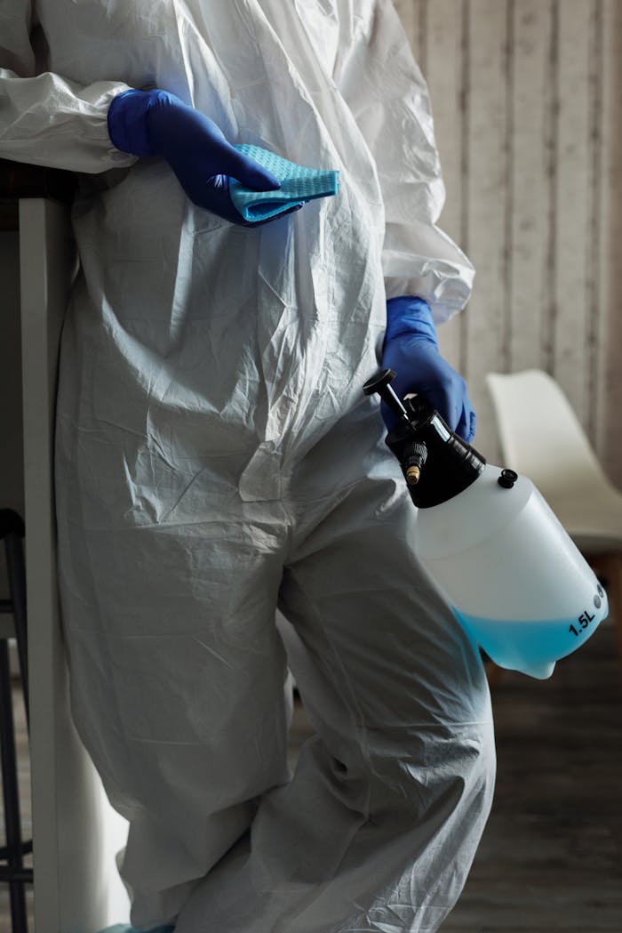 services-03 Person in PPE suit and gloves with disinfectant and cloth cleaning indoors.